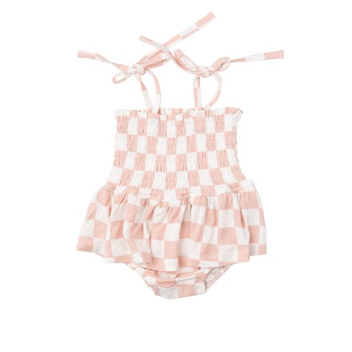 Pink Checkerboard Smocked Skirted Bubble -