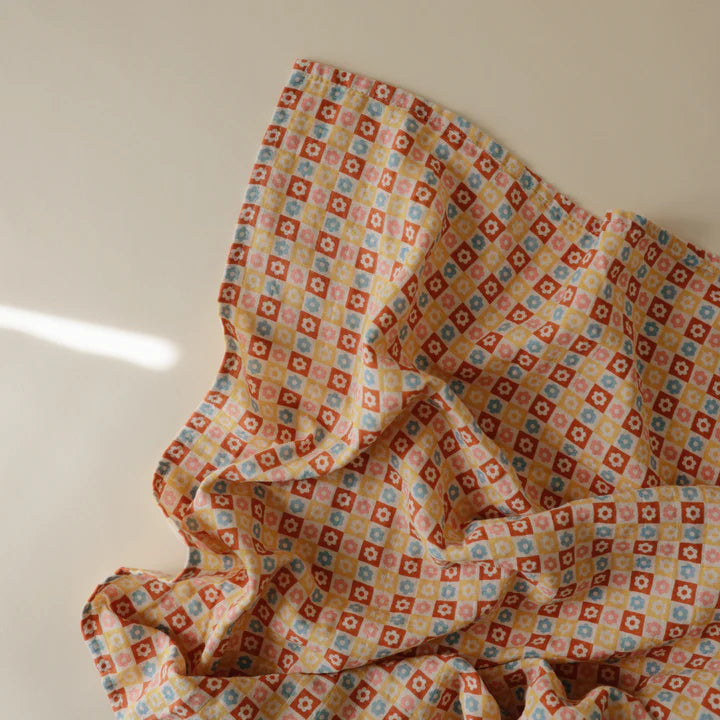 Organic Cotton Muslin Swaddle Blanket Happy Flowers Check