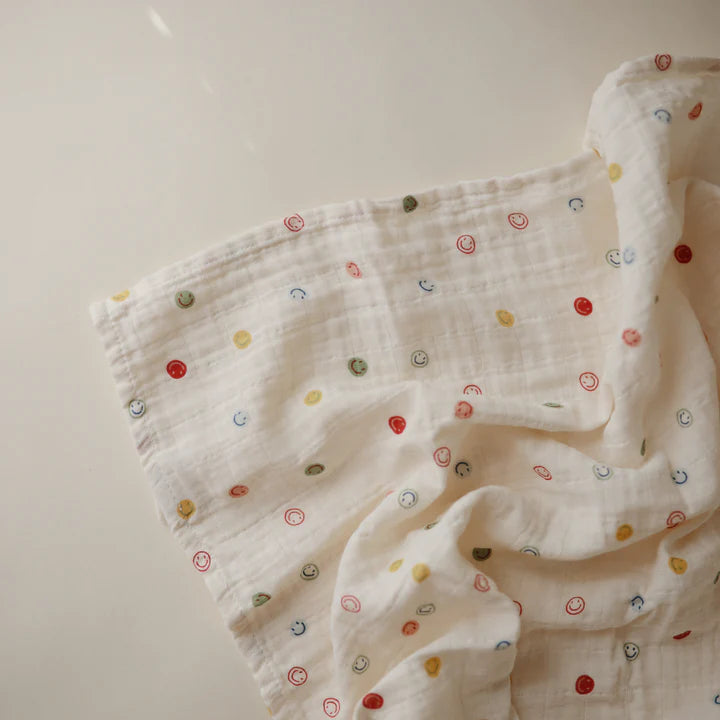 Organic Cotton Muslin Swaddle Blanket Smiley Face