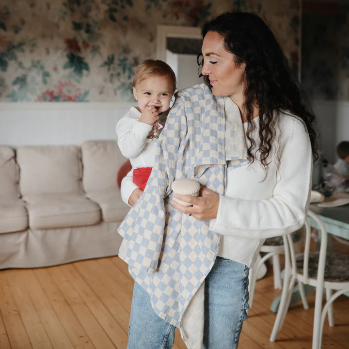 Organic Cotton Muslin Swaddle Blanket Blue Check