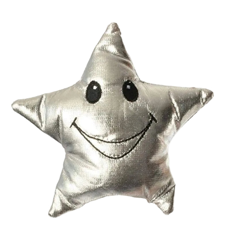 A shiny silver star-shaped plush pillow with a simple black embroidered smiley face, isolated on a white background.