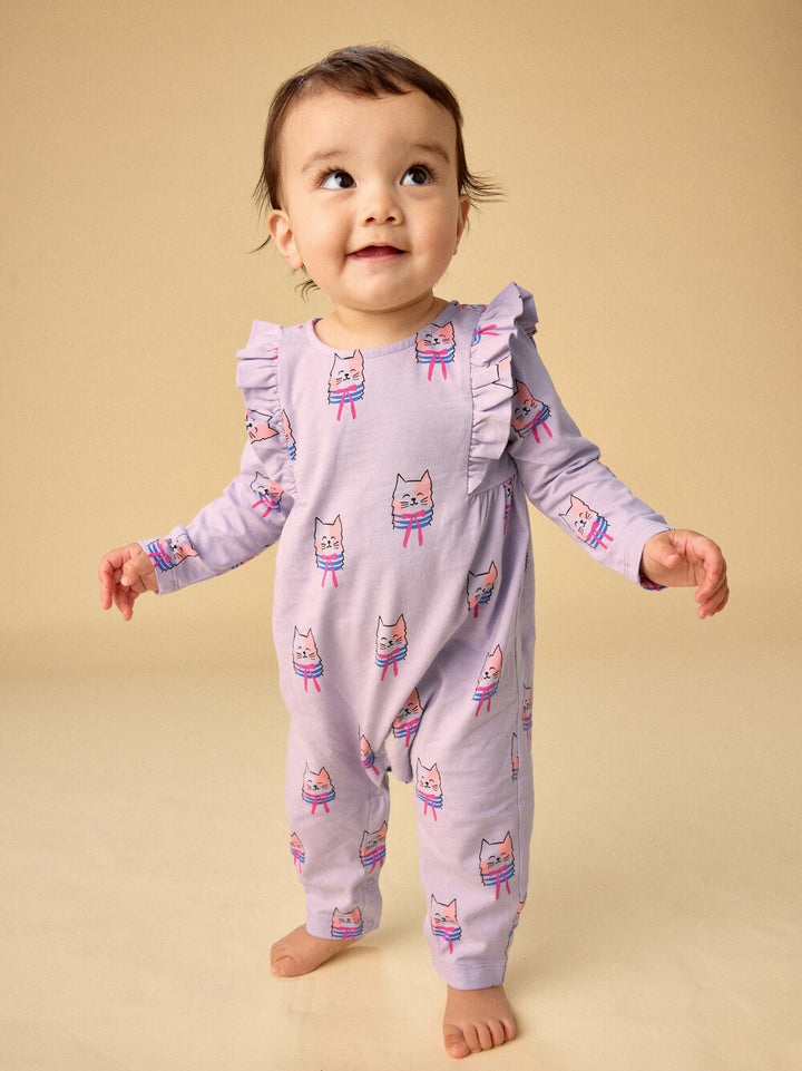 Bowtie Cats Ruffle Shoulder Romper