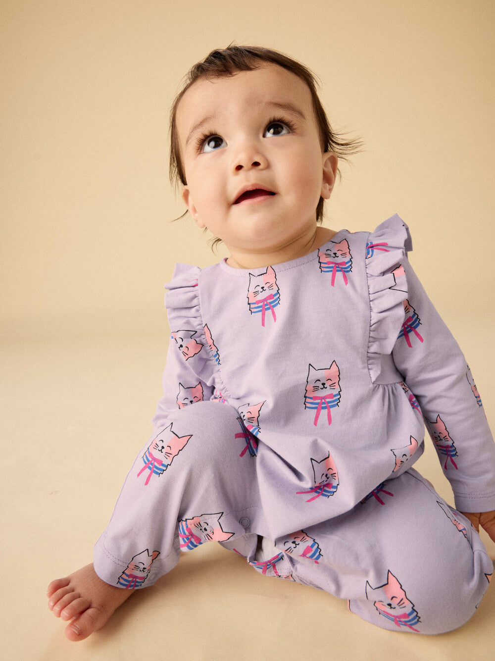 Bowtie Cats Ruffle Shoulder Romper