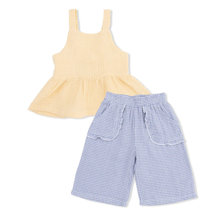 Blue Blizzard Micro Gingham Peplum Tank + Wide Leg Pant Set