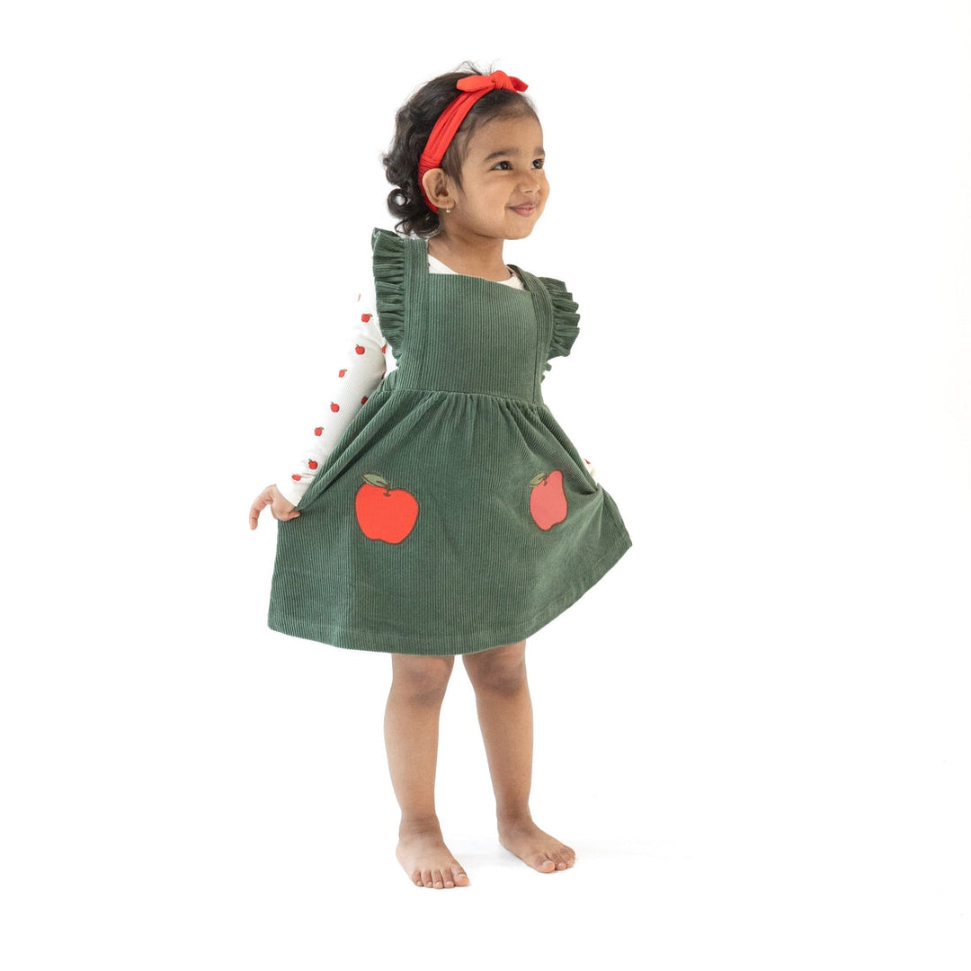 Dark Ivy Corduroy Pinafore Dress w/ Apple Applique
