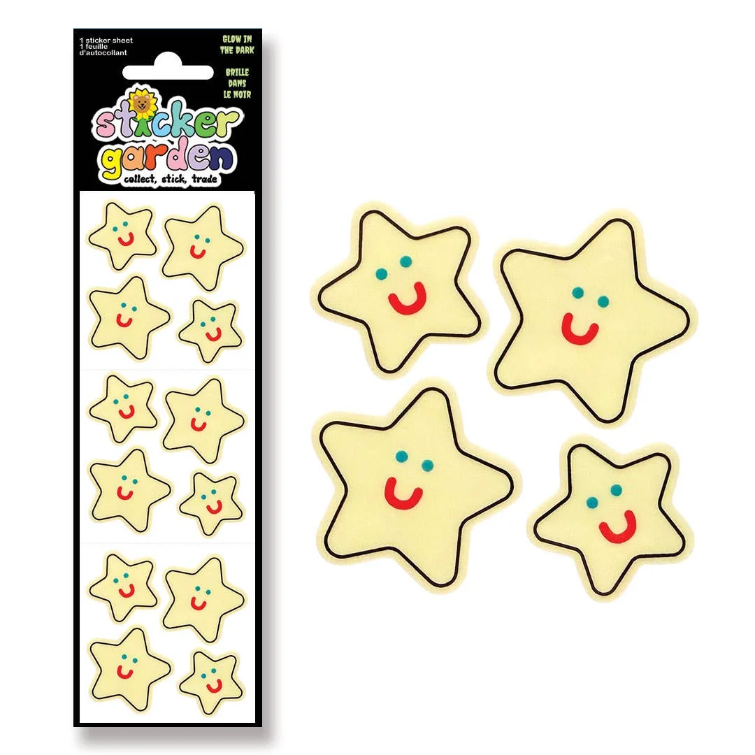 Star-shaped stickers with smiley faces on a white background, next to their packaging labeled 'Sticker Garden'.