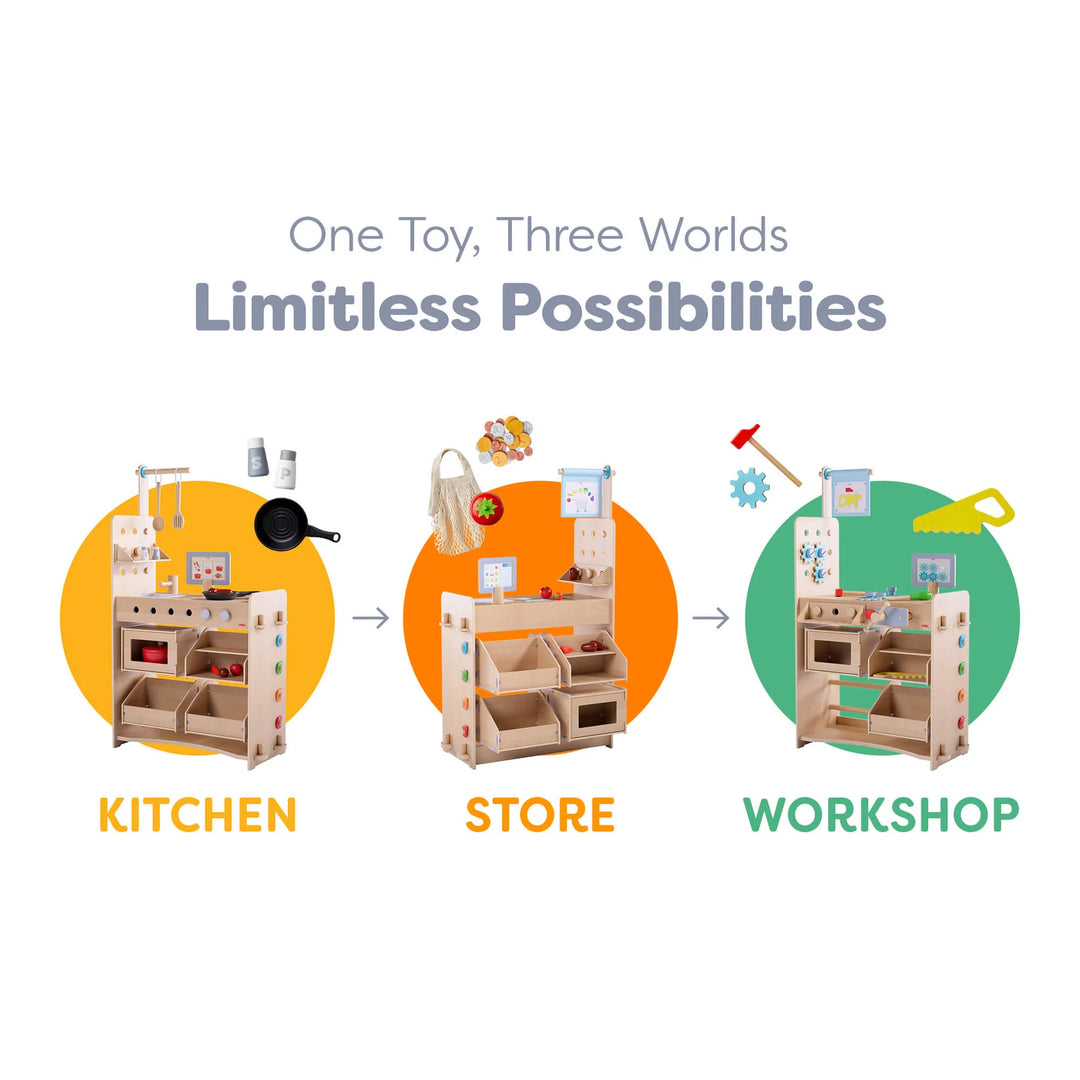 3-in-1 Play Kitchen, Store, and Workshop