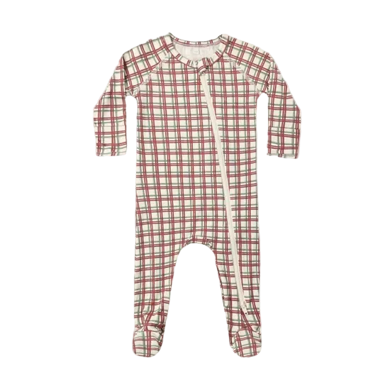 Bamboo Zip Footie - Redwood Check