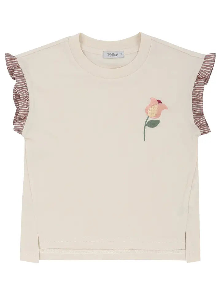 Ruffle Sleeve Embroidered Flower Tee