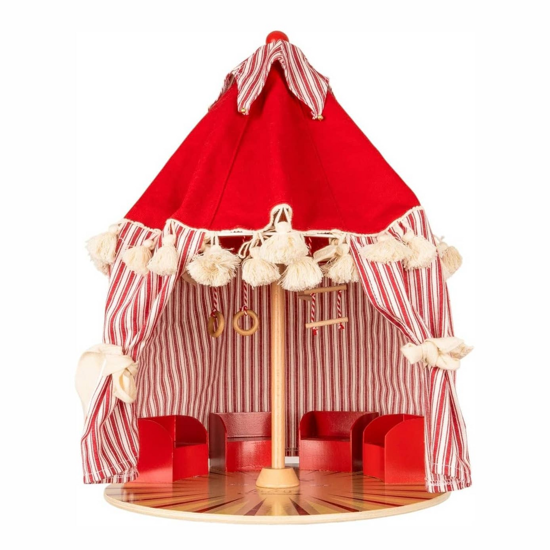 A miniature red and white striped circus tent playset with a wooden central pole, tassels, small red seats, and a round wooden base, shown on a plain white background.