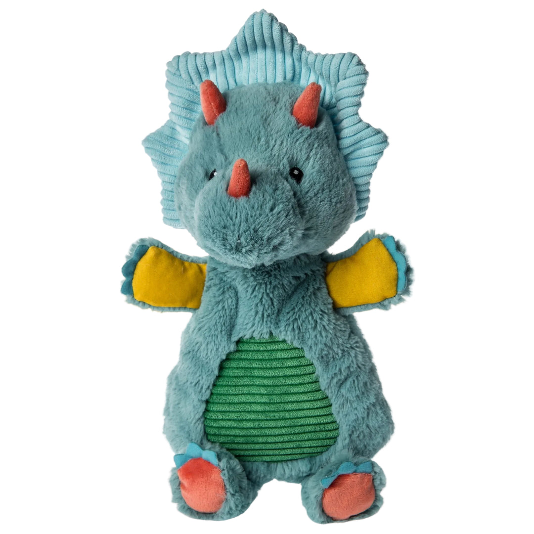 Plush dragon toy with blue and green colors on a white background
