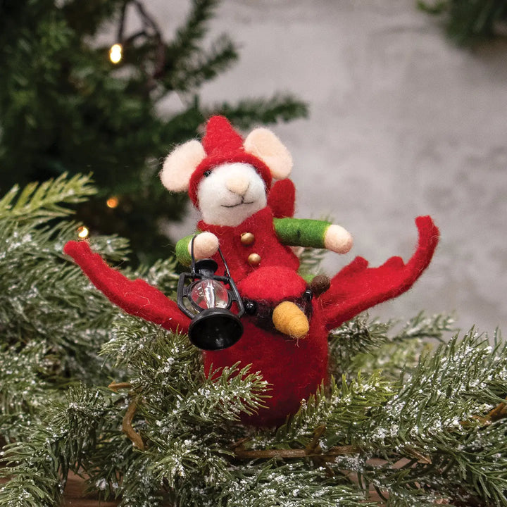 Mouse on Flying Cardinal Felted Ornament