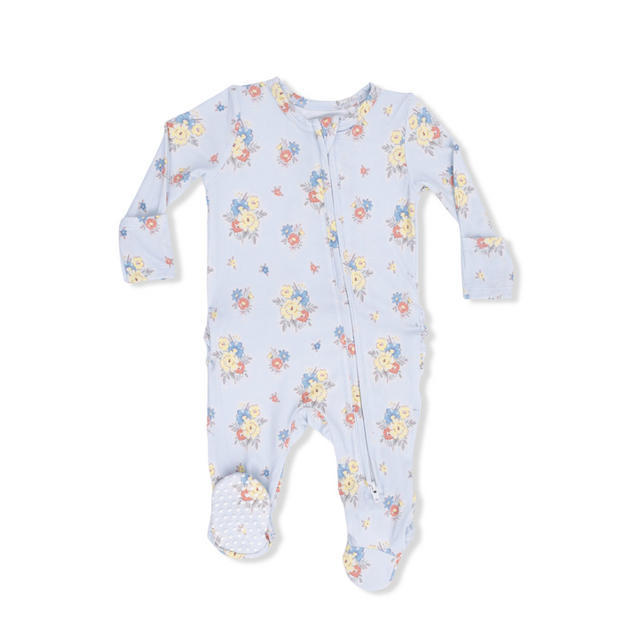 Blue Country Stitch Floral Ruffle 2-Way Zipper Footie