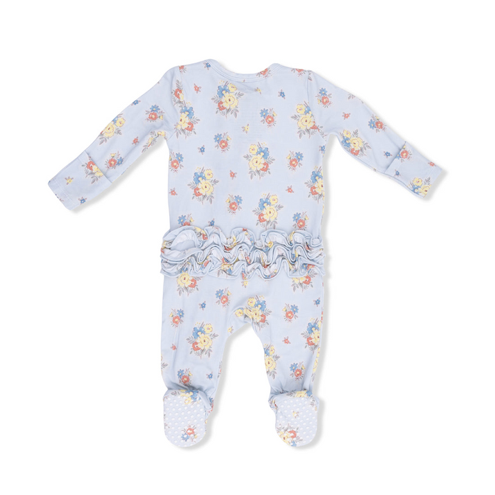 Blue Country Stitch Floral Ruffle 2-Way Zipper Footie