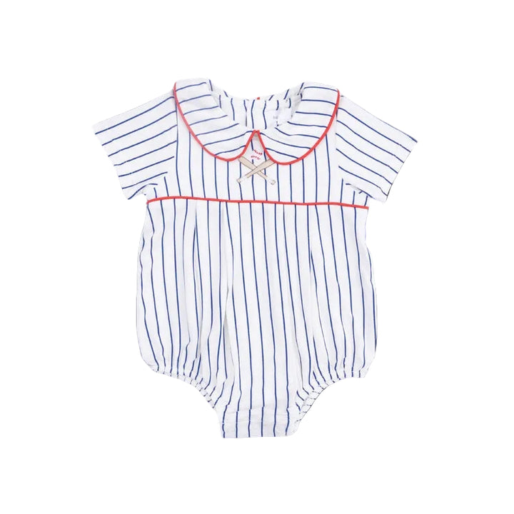 Navy Baseball Stripe Box Pleat Bubble Romper
