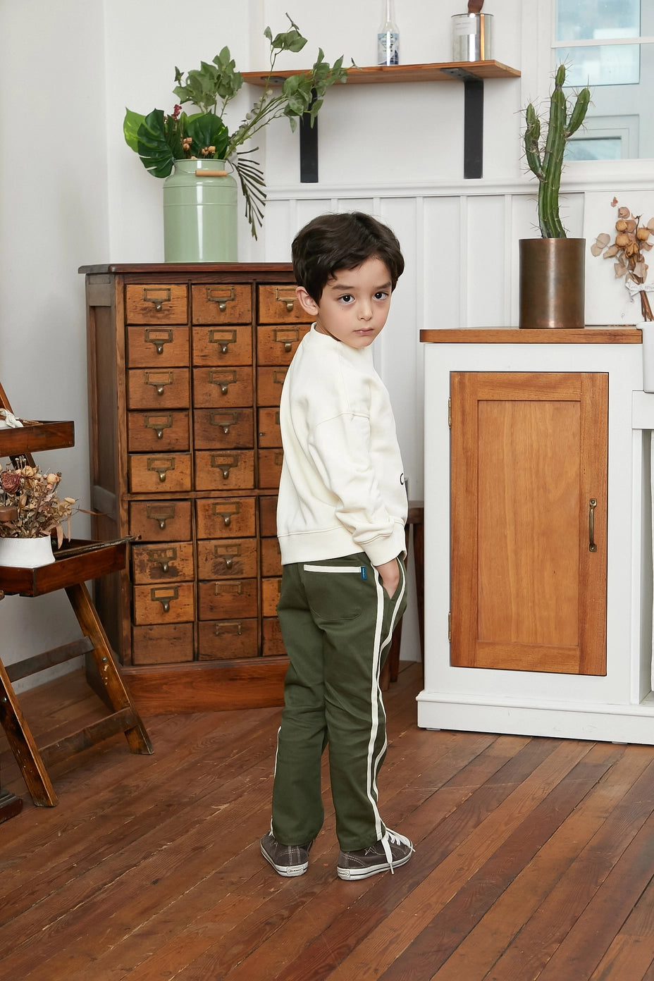 Khaki Side Stripe Pull-On Cotton Pants