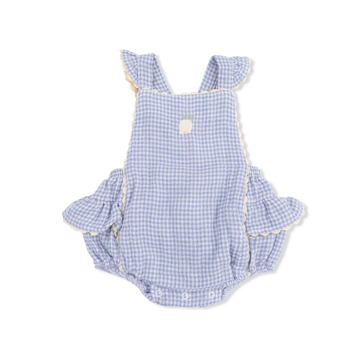 Blue Blizzard Micro Gingham Ric Rac Ruffle Sunsuit