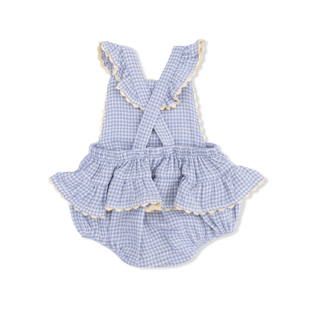 Blue Blizzard Micro Gingham Ric Rac Ruffle Sunsuit