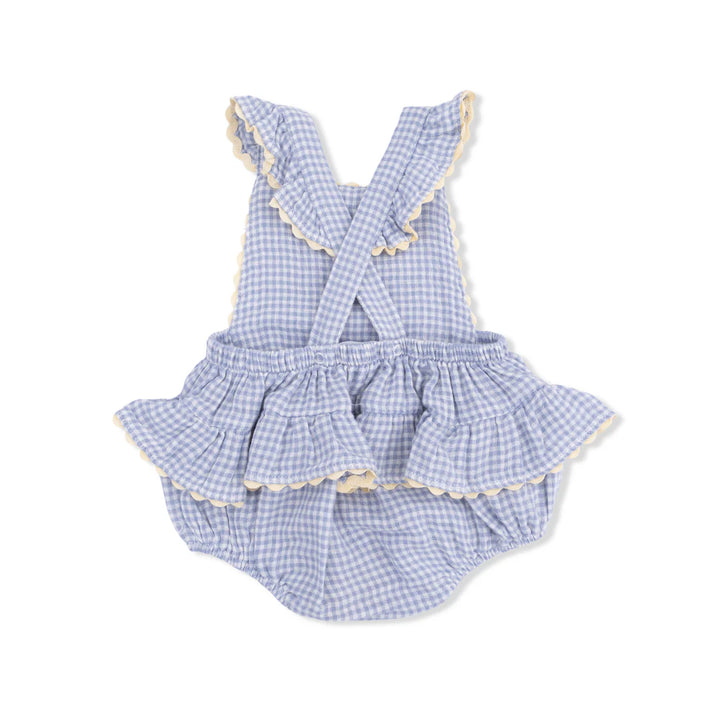 Blue Blizzard Micro Gingham Ric Rac Ruffle Sunsuit