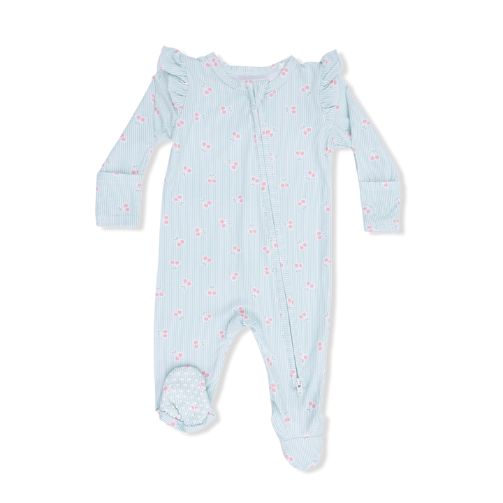 Blue Tiny Cherry Stripe Ruffle Sleeve 2-Way Zipper Footie