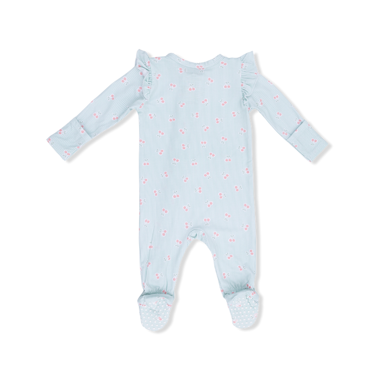 Blue Tiny Cherry Stripe Ruffle Sleeve 2-Way Zipper Footie