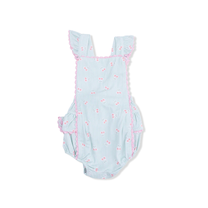 Blue Tiny Cherry Stripe Ric Rac Ruffle Sunsuit