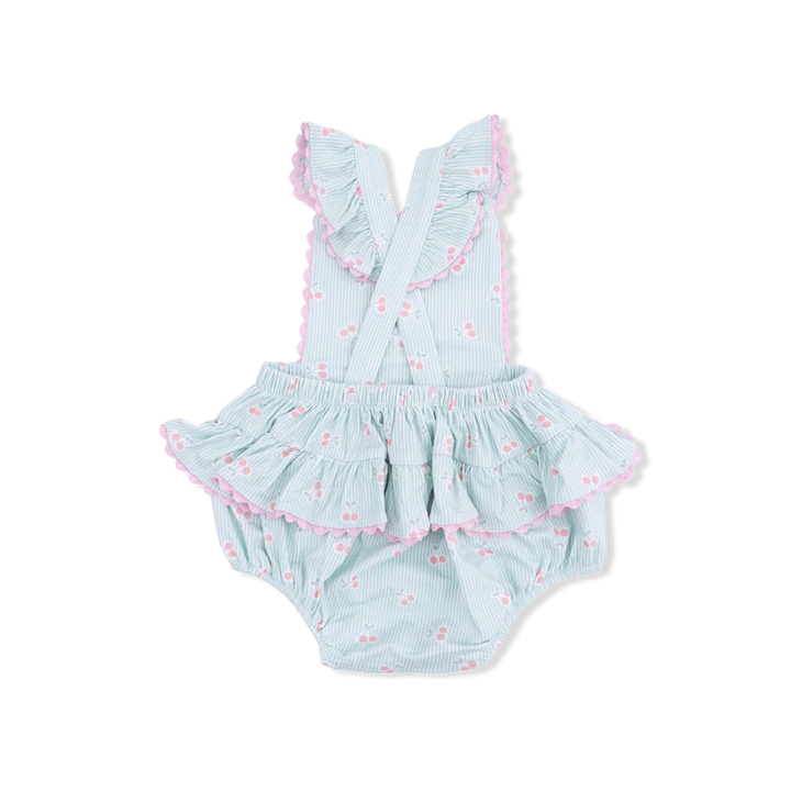 Blue Tiny Cherry Stripe Ric Rac Ruffle Sunsuit