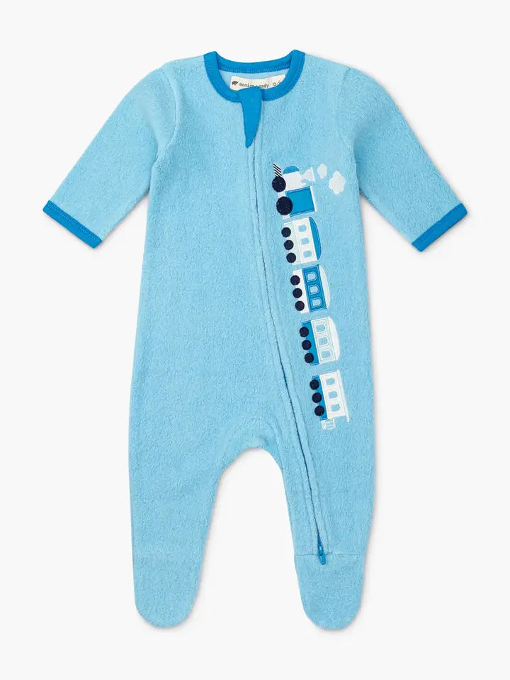 Blue Trains Fleece Zip Footed Romper