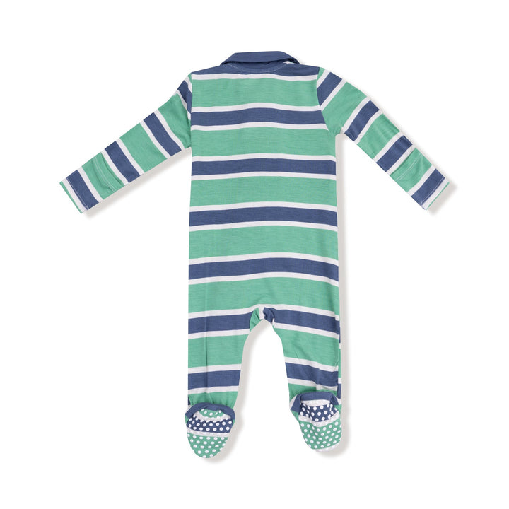 Green & Navy Rugby Stripe Zip Footed Romper
