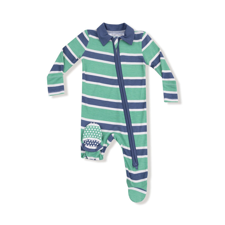 Green & Navy Rugby Stripe Zip Footed Romper