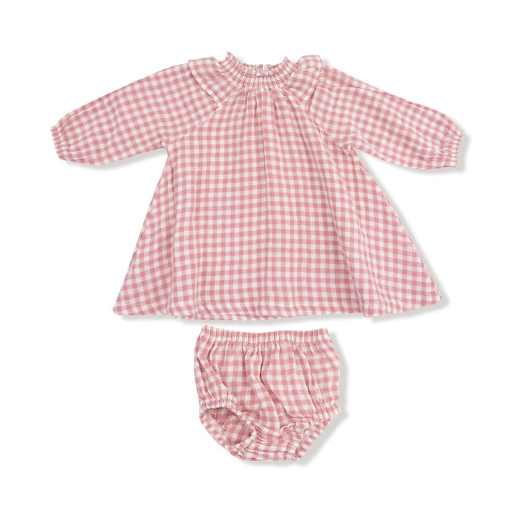 Rose Pink Plaid Smocked Ruffle Dress + Diaper Cover