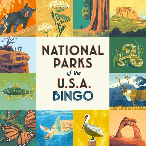 Collage of illustrations related to national parks with text 'National Parks of the U.S.A. Bingo'.