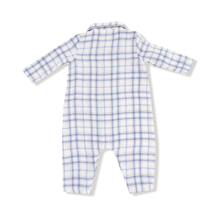 Blue Plaid L/S Polo Romper