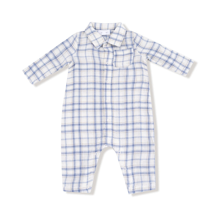Blue Plaid L/S Polo Romper