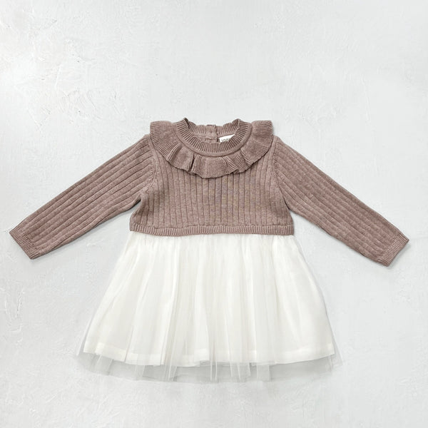 Latte Ruffle Neck Sweater Knit Top & Tutu Baby Dress
