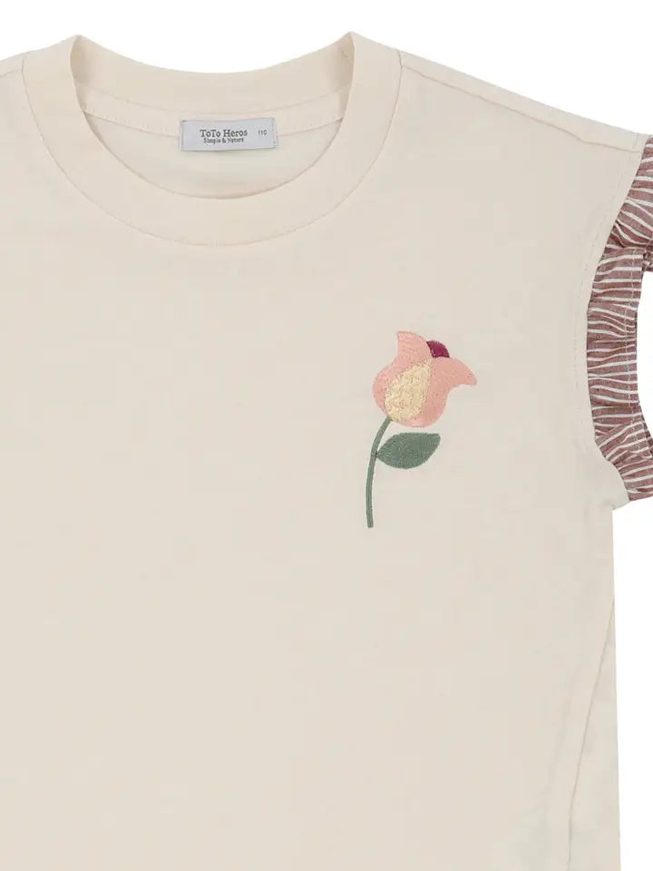 Ruffle Sleeve Embroidered Flower Tee