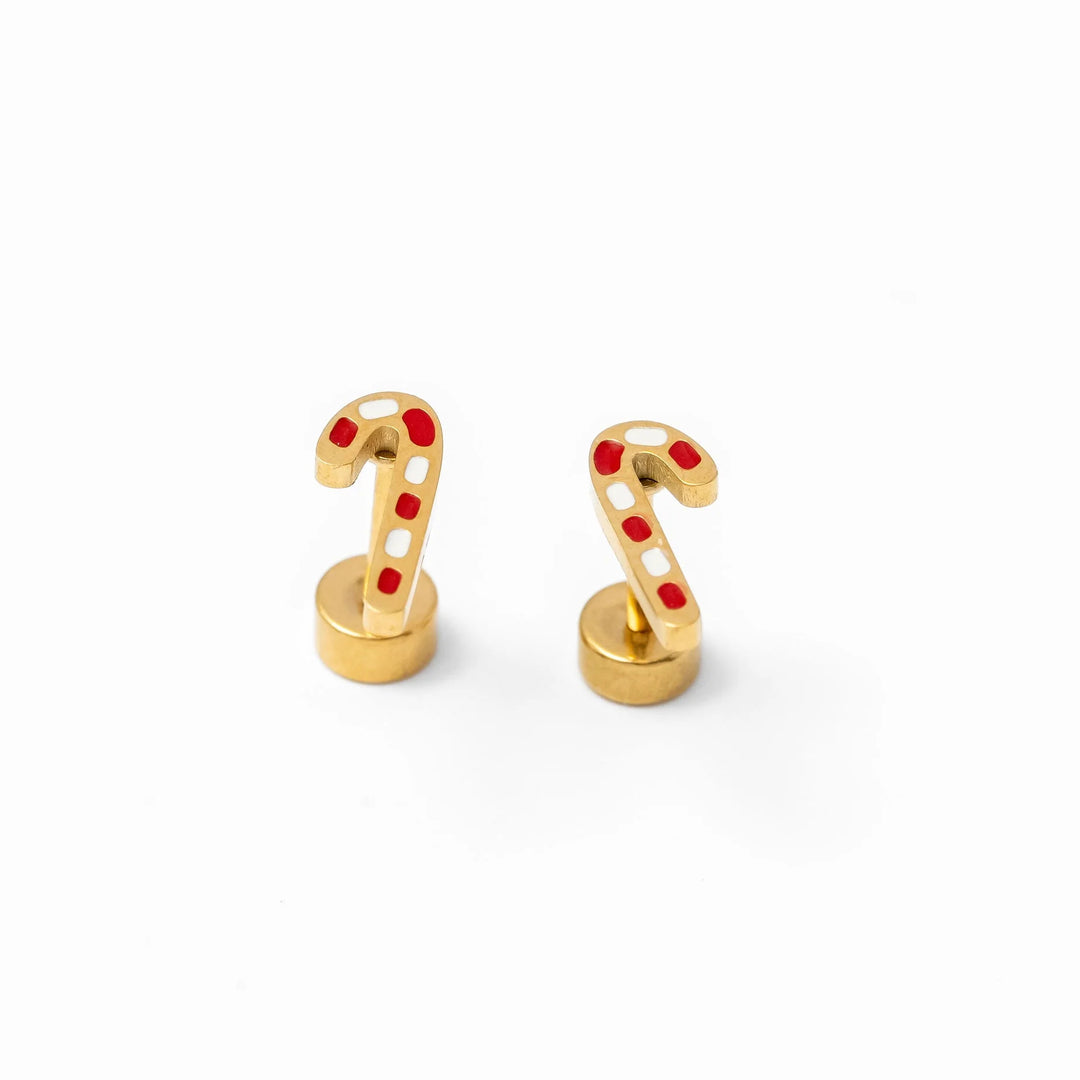 Hypoallergenic Gold & Enamel Candy Cane Earrings