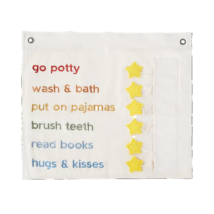 An off-white fabric sensory chart with embroidered milestones in red, orange, yellow, green, blue, and pink text, alongside six yellow star tabs on the right side.