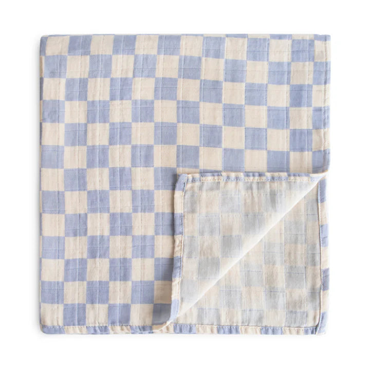 Organic Cotton Muslin Swaddle Blanket Blue Check
