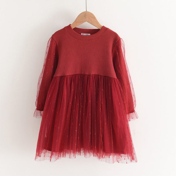Red Tulle Overlay LS Dress