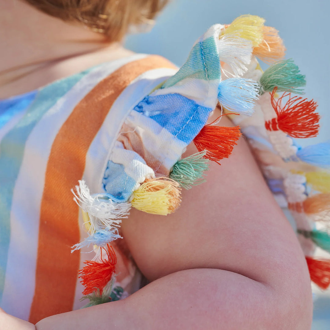 Multi Stripe Woven Tassle Bubble Romper
