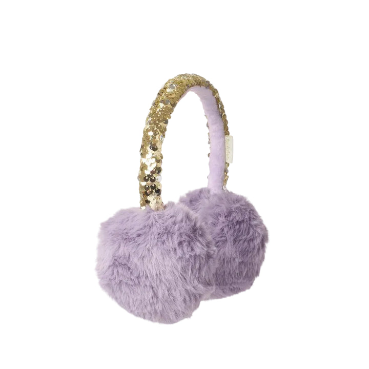 Lavender faux fur earmuffs with a gold sequined headband on a white background.