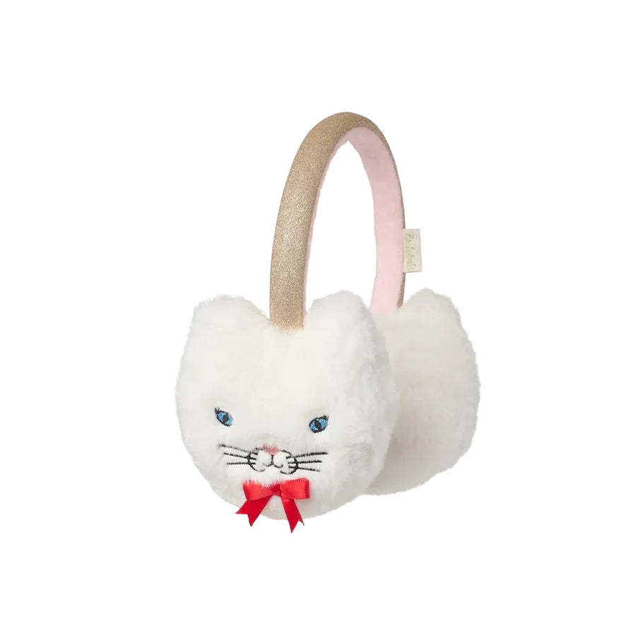 White plush cat-ear earmuffs with embroidered blue eyes, a red bow, and a glittery gold headband on a white background.