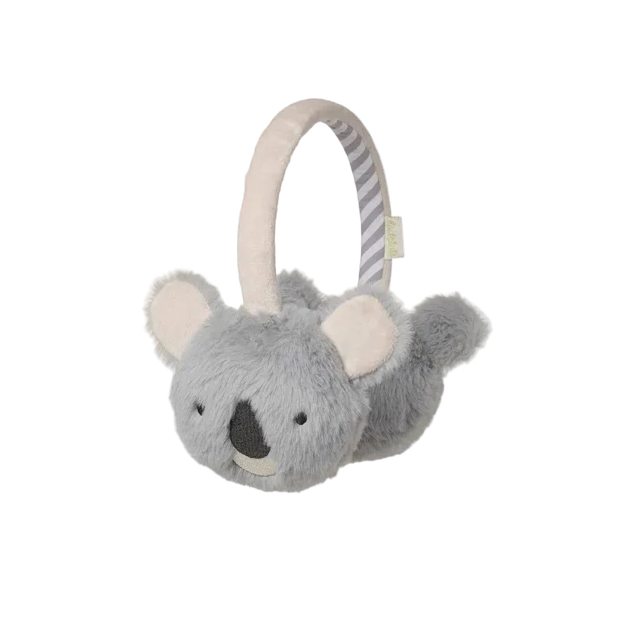 A plush koala-shaped earmuff toy or baby accessory in soft gray and cream, with a striped fabric headband arching behind it, shown on a plain white background.