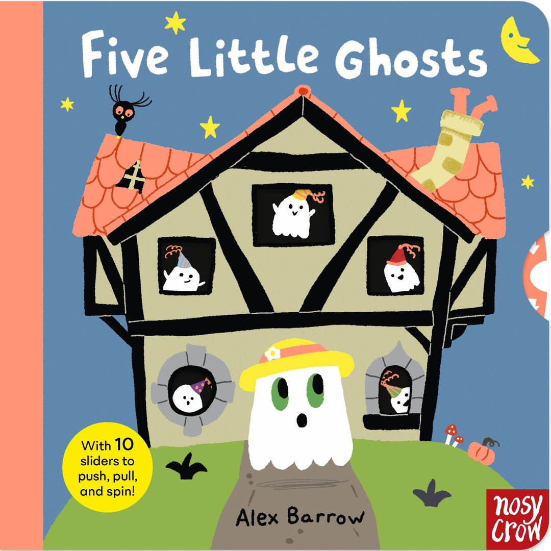 Book cover of 'Five Little Ghosts' with a house and ghosts illustration.