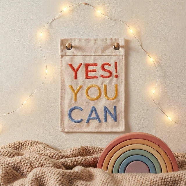 Motivational banner with 'YES! YOU CAN' text hanging on a wall with string lights and a rainbow toy below.