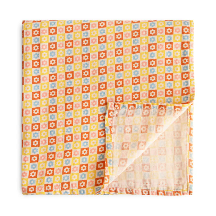 Organic Cotton Muslin Swaddle Blanket Happy Flowers Check