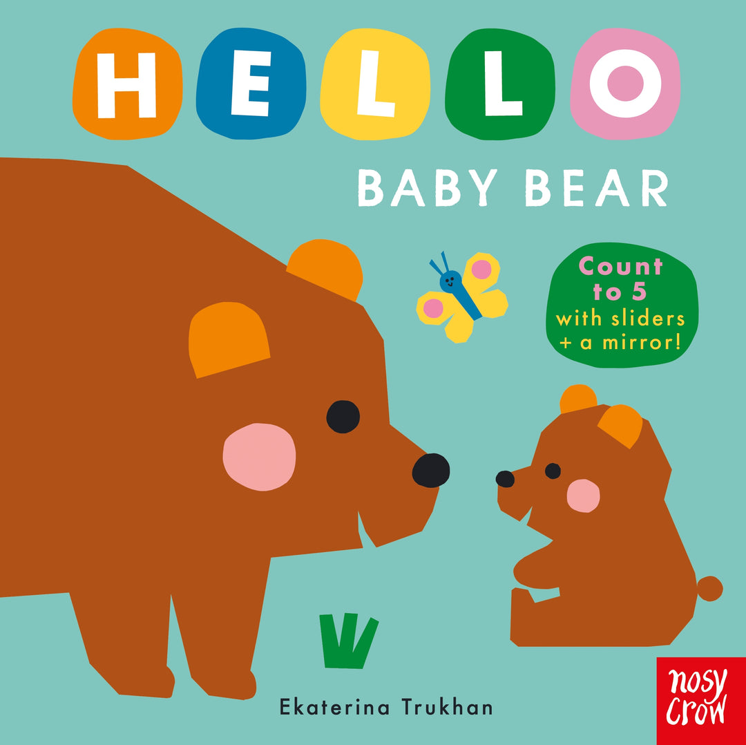 Book cover of 'Hello Baby Bear' with two bears and colorful text on a blue background.