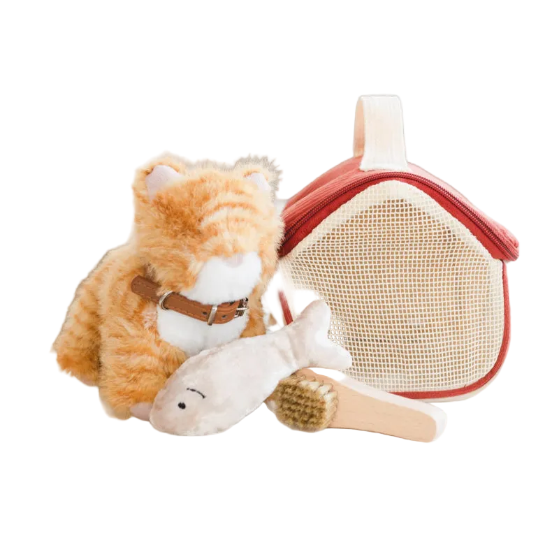 A plush cat toy set on a white background, including an orange and white stuffed cat with a brown collar, a light gray fish toy, a wooden-handled brush, and a red-and-cream house-shaped carrying case.