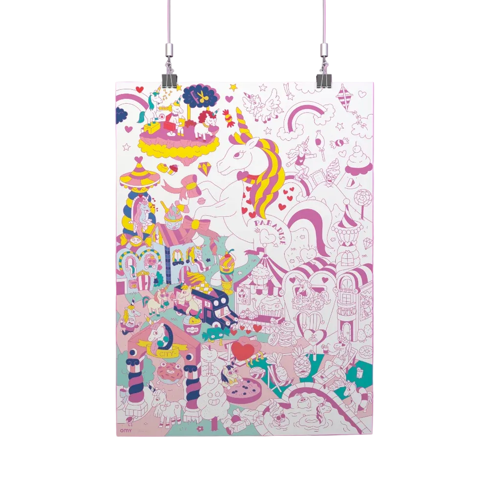 A vertical art print featuring a whimsical, hand-drawn fantasy illustration of a unicorn, carousel, mushrooms, and pastel objects, hanging from two black clips against a solid pink background.
